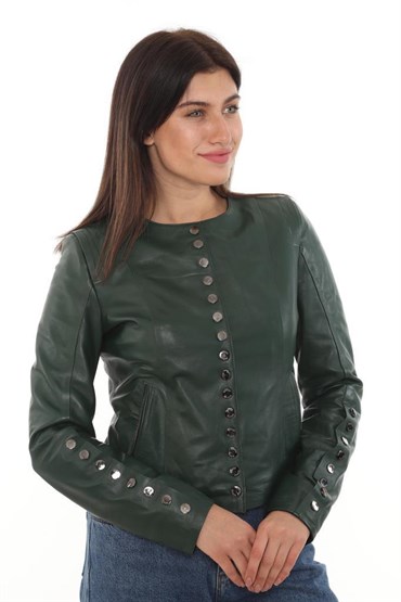 Hakiki Kuzu Derisi Yeşil Düğmeli Kadın Ceket