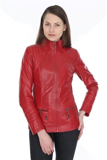 Hakiki Kuzu Derisi Kırmızı İşlemeli Kadın Ceket